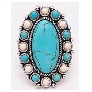 Oval Iconic Turquoise, Ivory Stone Adjustable Ring